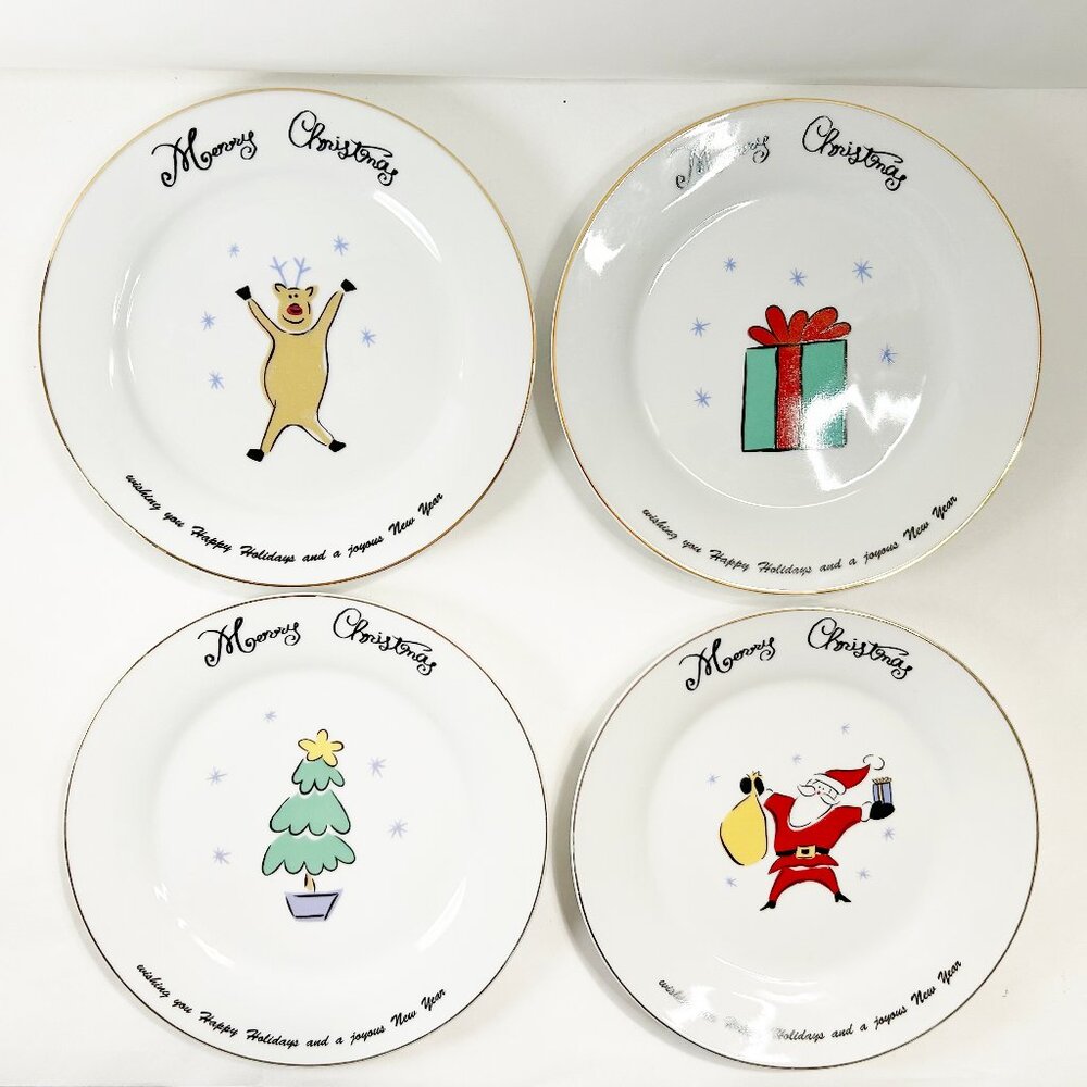 Set of 4 MERRY BRITE Christmas Ceramic Dessert Salad Plates CUTE!
